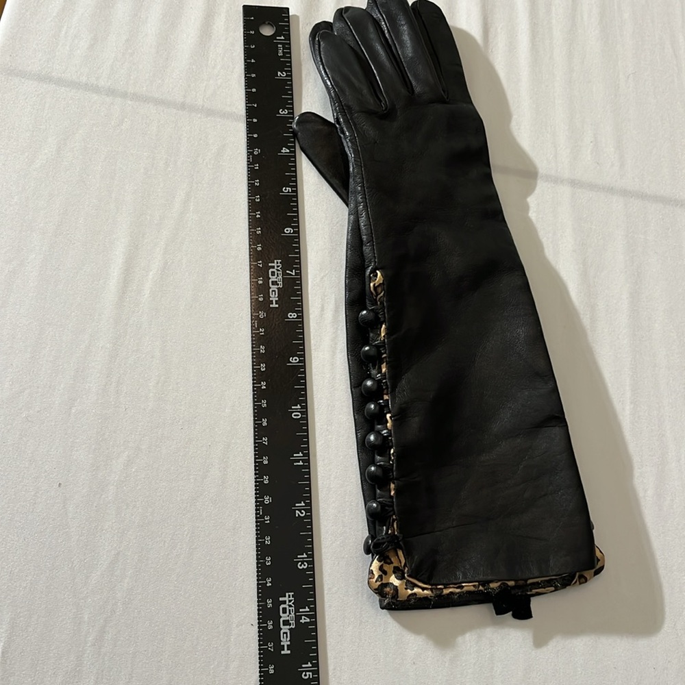 Bananna Republic long Black leather gloves silk leopard lining 8 buttons - Picture 13 of 13